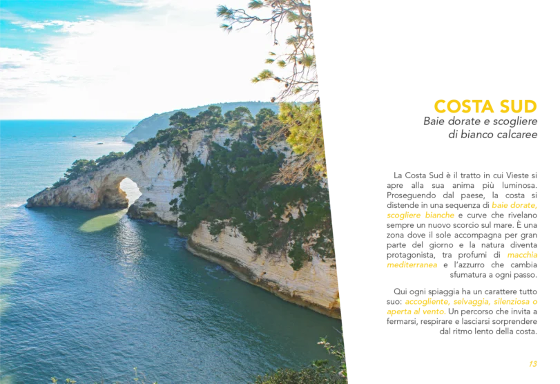file anteprima pag._Tavola disegno 1 copia 26 Guida n.1 Le 24 spiagge di Vieste, guida aperta alla sezione Costa Sud, con lo sfondo l'immagine dell'architiello di San Felice.