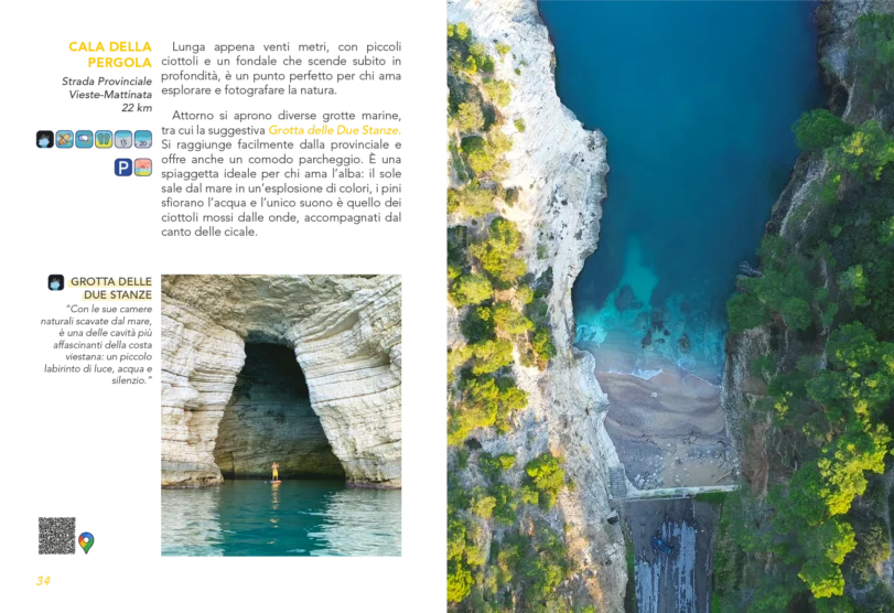 file anteprima pag._Tavola disegno 1 copia 28 Guida n.1 Le 24 spiagge di Vieste, guida aperta, sul paragrafo della spiaggia denominata Cala della Pergola con info, foto e descrizione, in più una immagine che ritrae l'entrata della grotta delle due stanze.